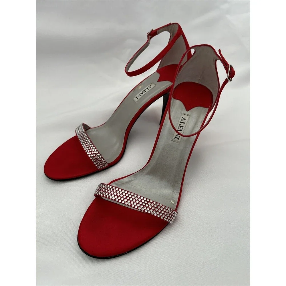 Alfani Ashton Red High-Heels with Rhinestones Ankle Strap 10M Shoes 3 1/2” Heel